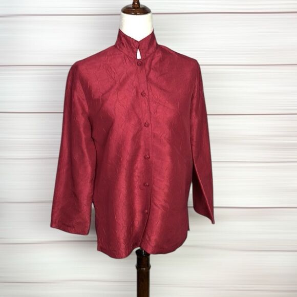 NWOT Eileen Fisher Vine Red Textured Silk Blouse Chinese Style Relaxed S petite - Picture 1 of 12